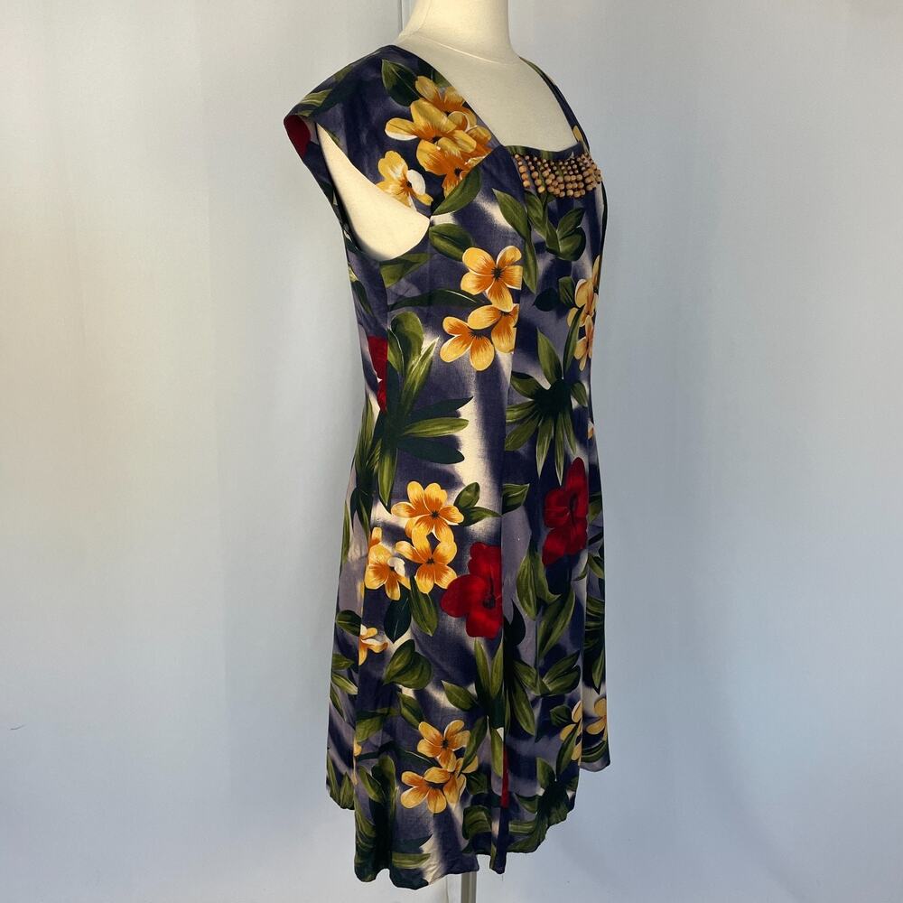 Vintage Dress Size 14 Blue Tropical Floral Hawaii Beach Open Back Beaded 90s - Picture 6 of 15